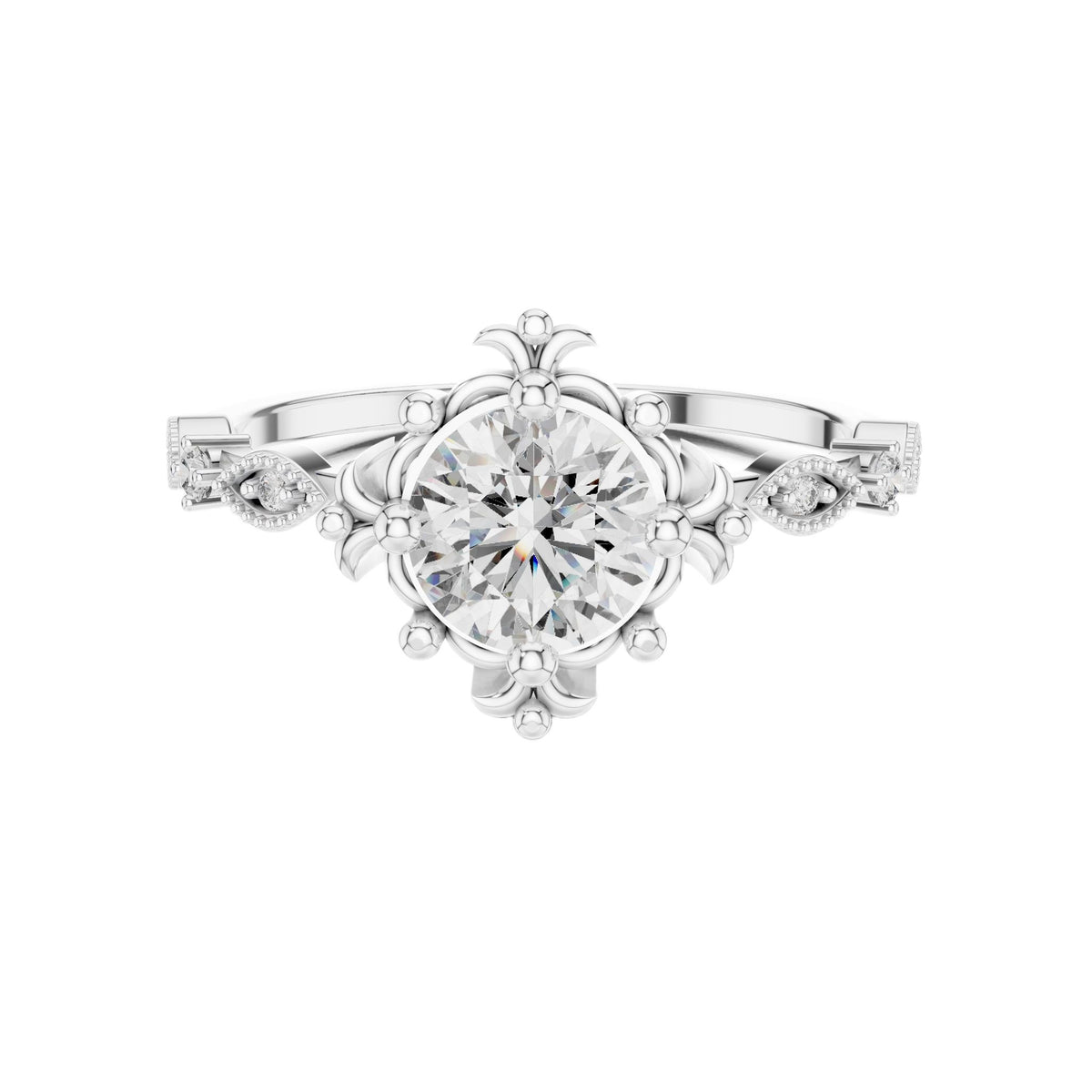 White gold engagement ring with round center diamond and sculpted crown setting