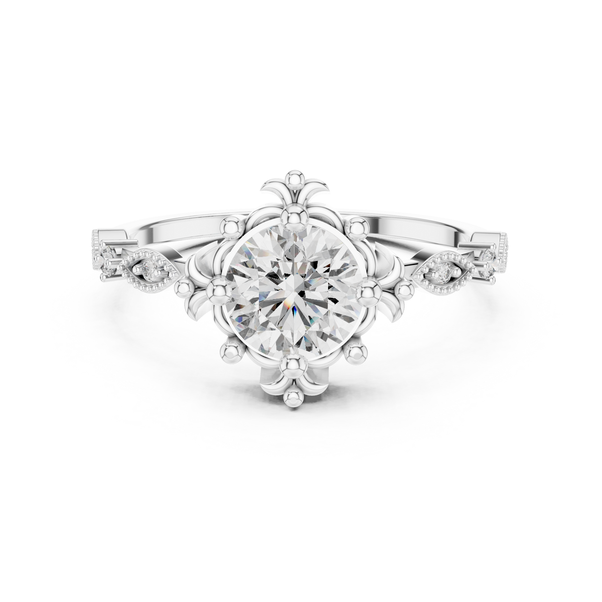 White gold engagement ring with round center diamond and sculpted crown setting
