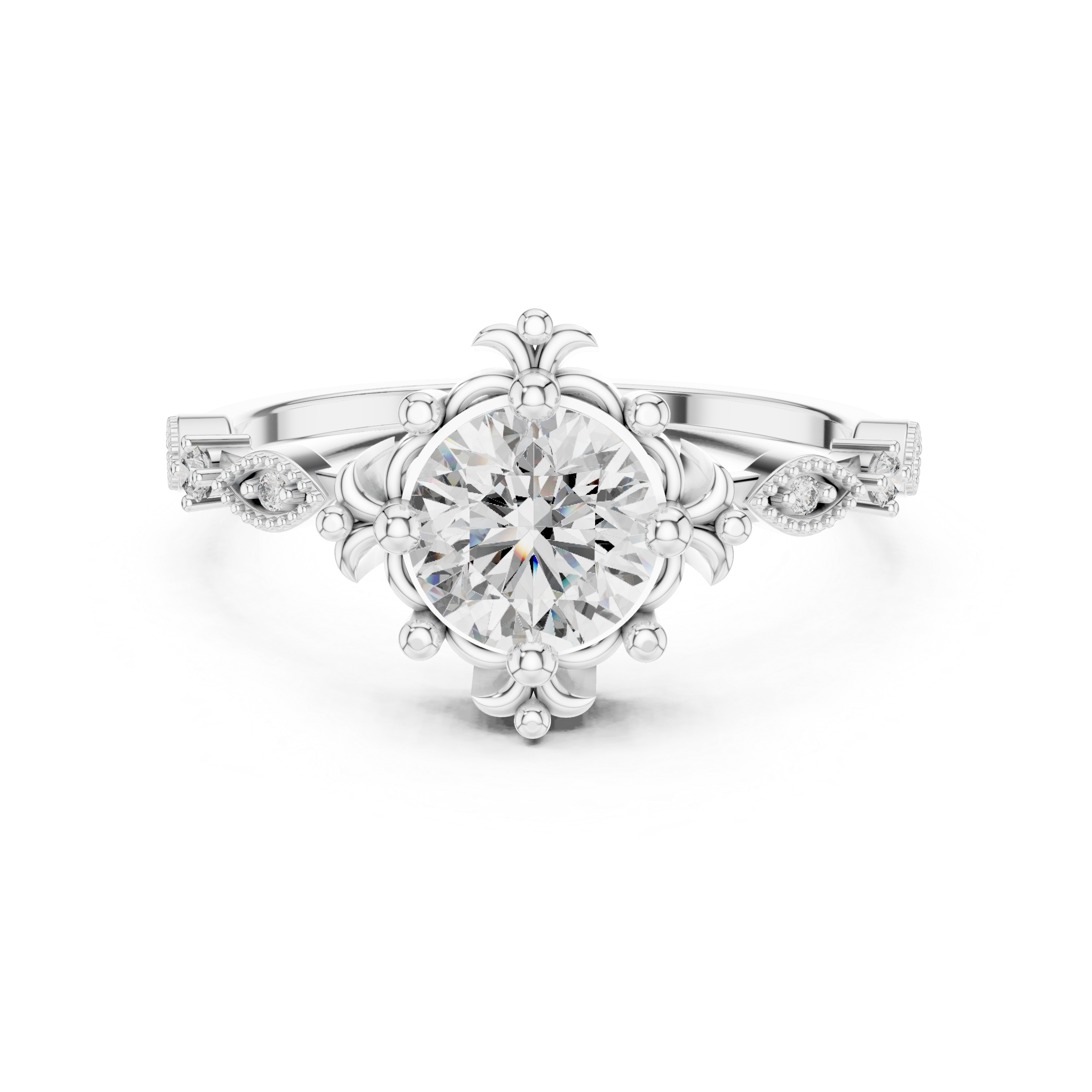 White gold engagement ring with round center diamond and sculpted crown setting