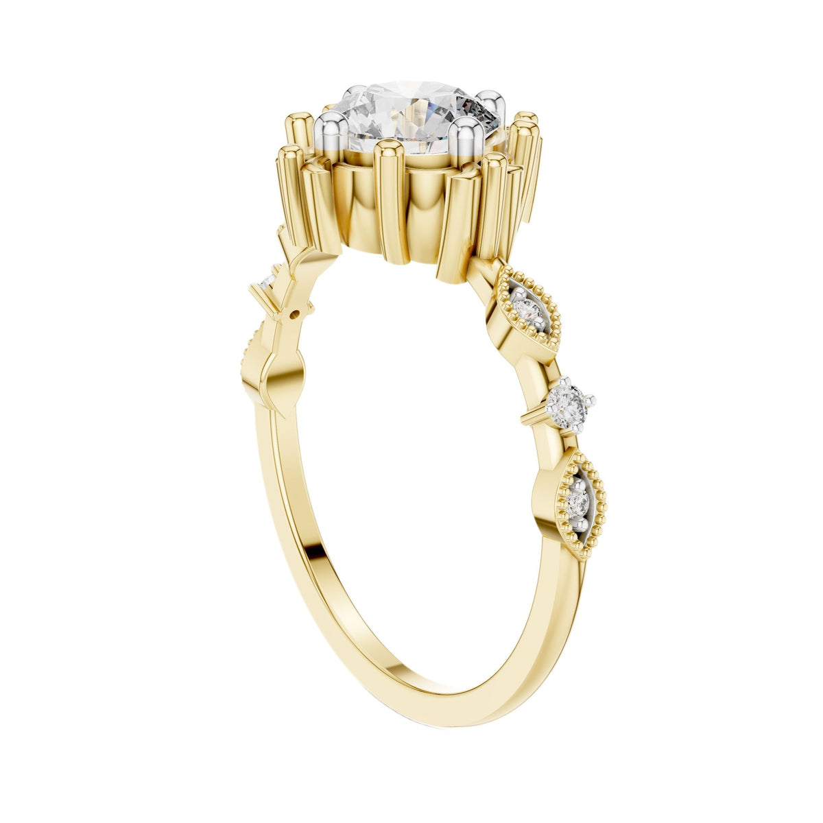 Yellow gold engagement ring with round center diamond and oval side stone clusters