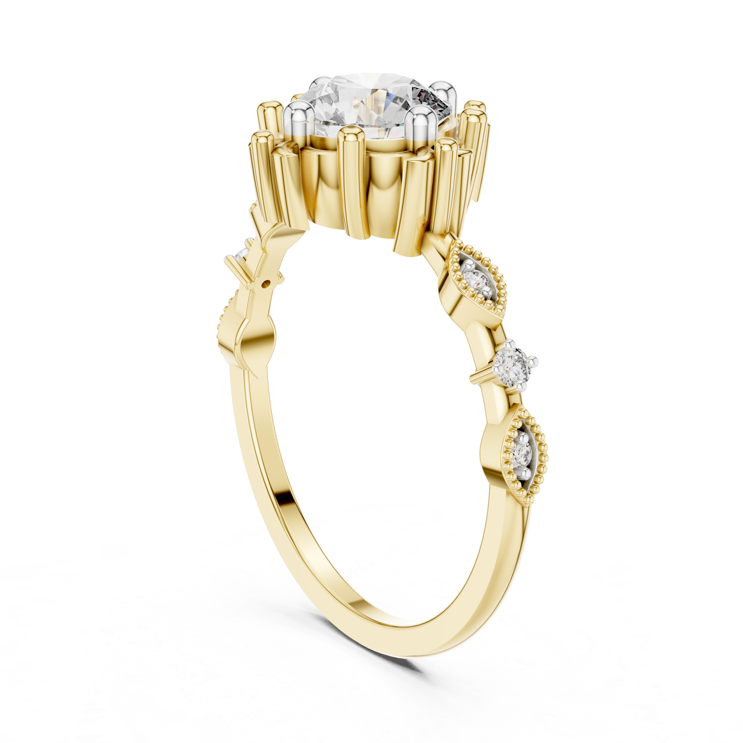 Yellow gold engagement ring with round center diamond and oval side stone clusters
