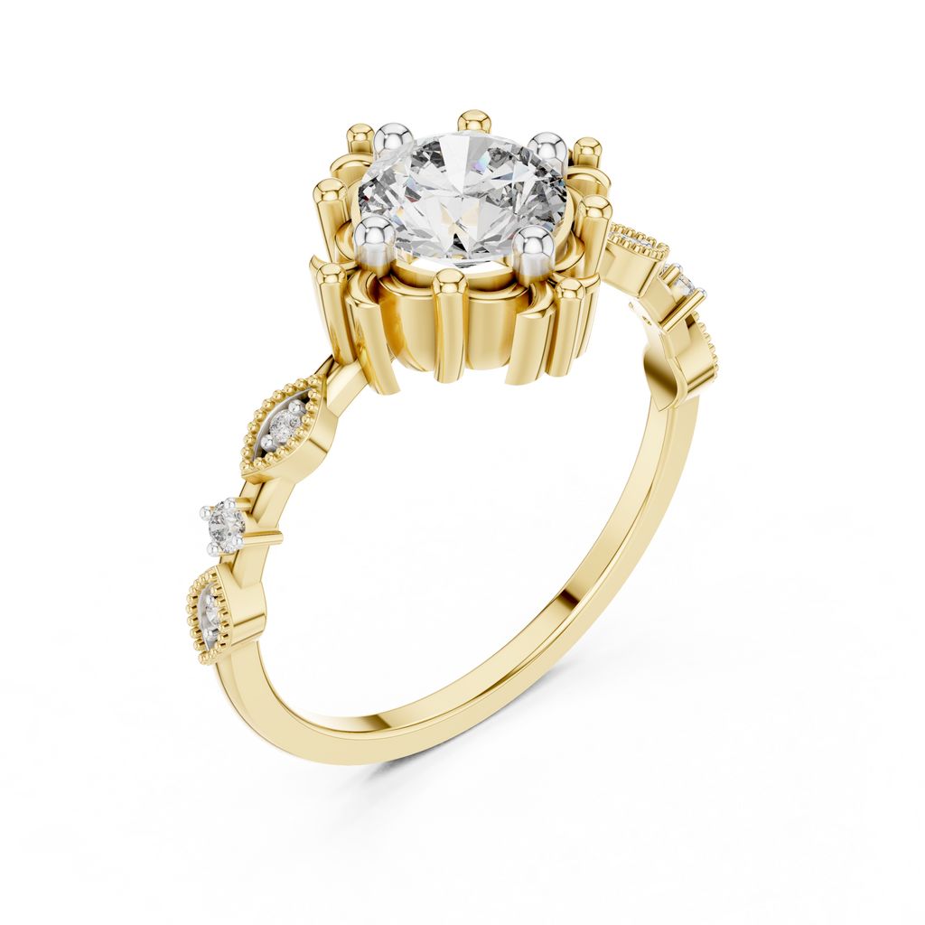 Yellow gold engagement ring with round center diamond and pavé side accents