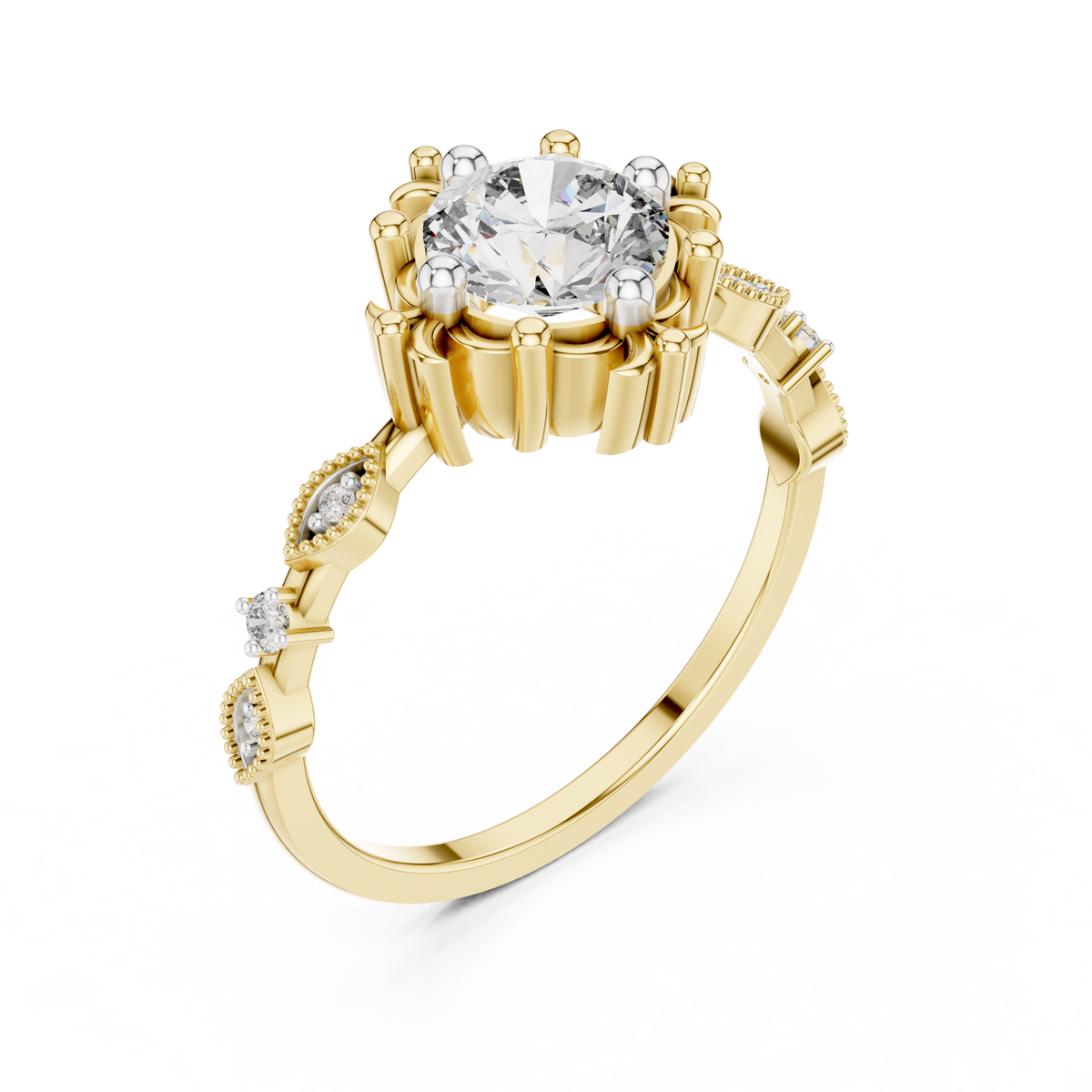 Yellow gold engagement ring with round center diamond and pavé side accents