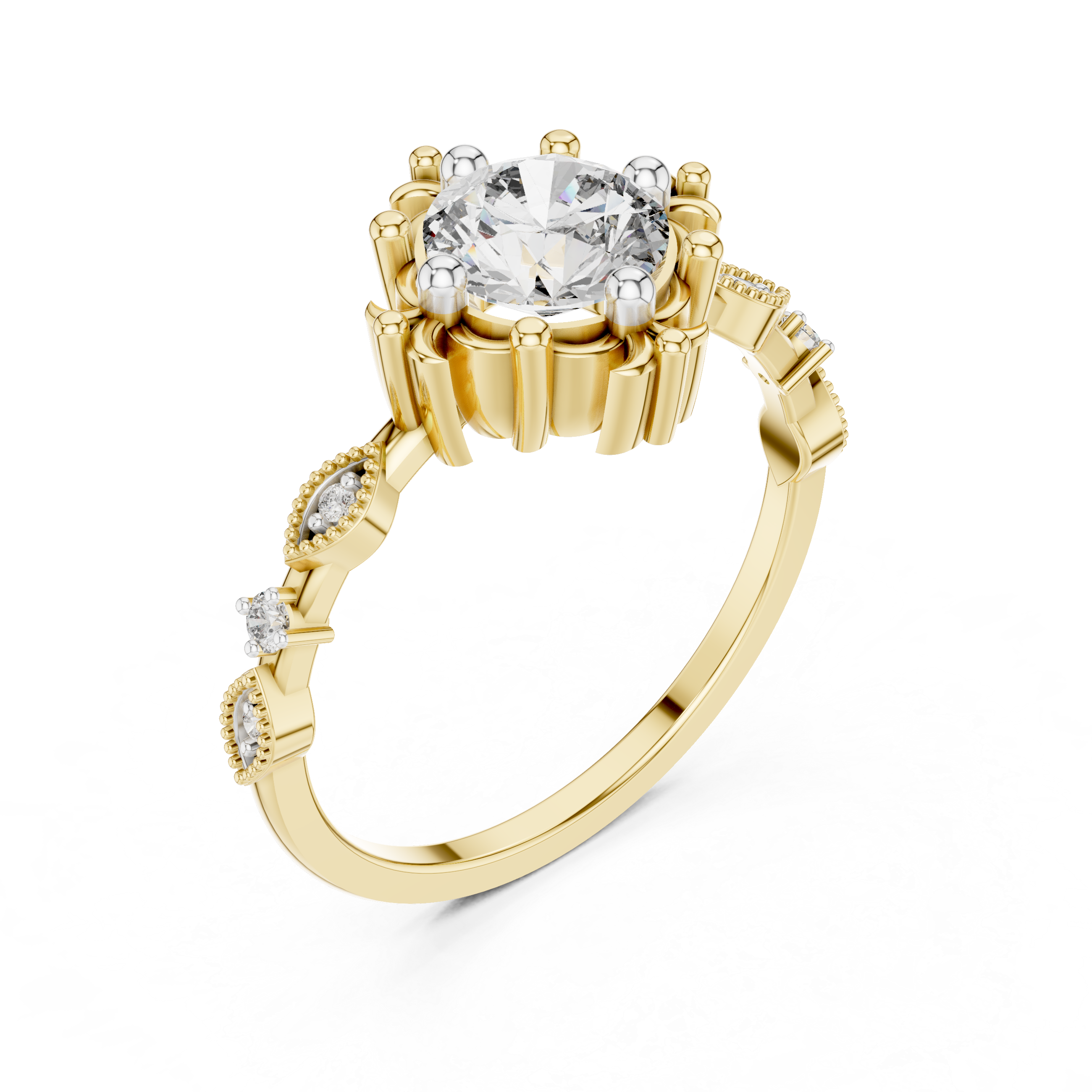 Yellow gold engagement ring with round center diamond and pavé side accents