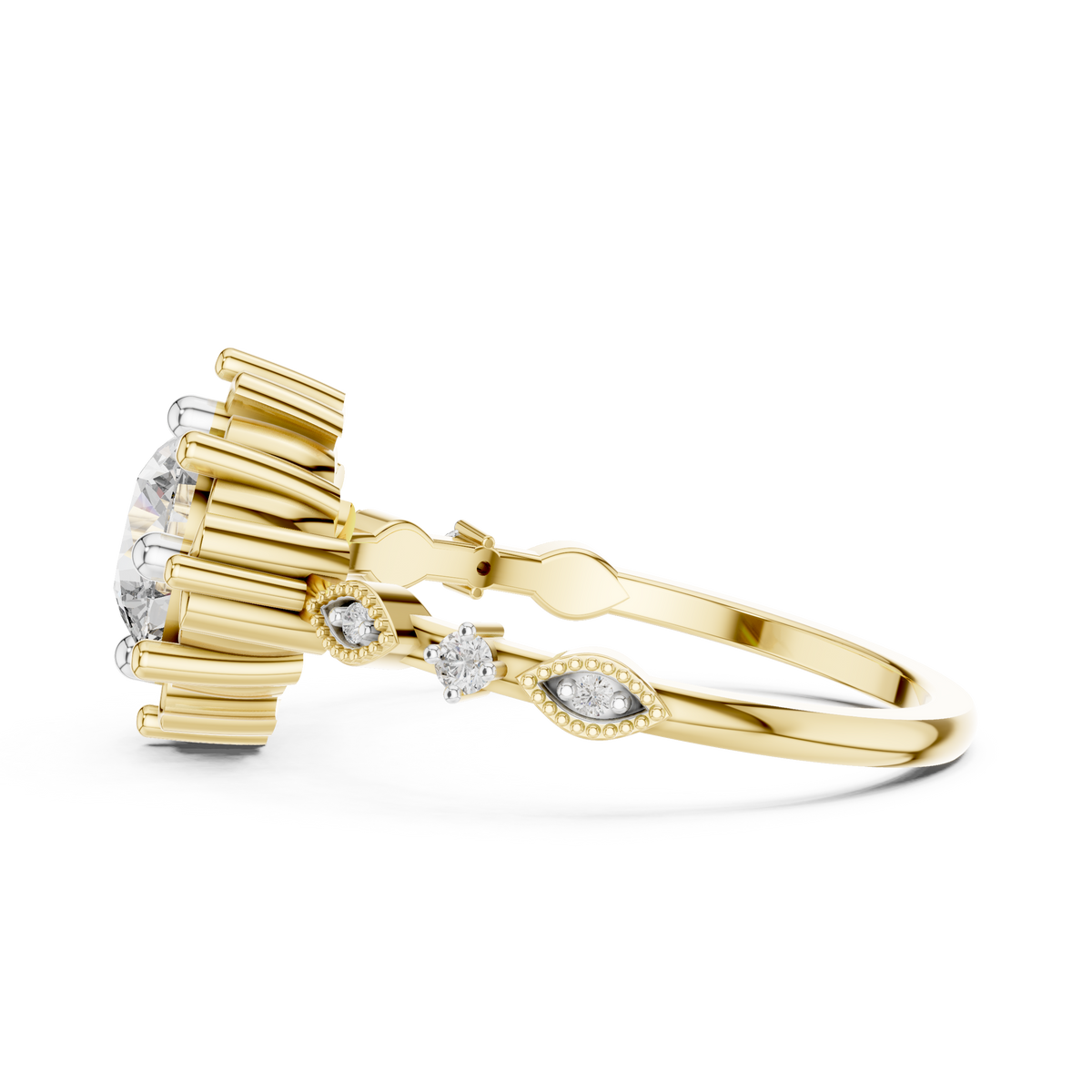 Yellow gold engagement ring side view with round diamonds on the split shank