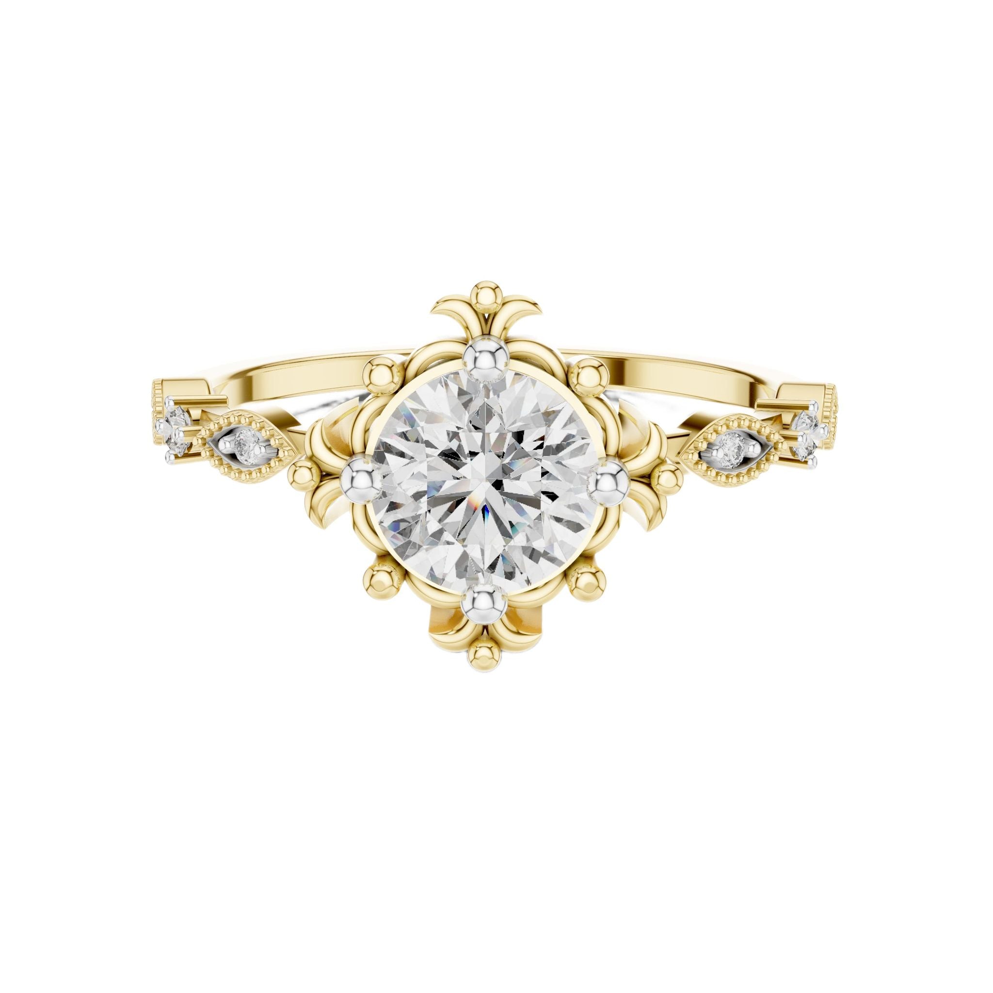 Yellow gold engagement ring with round center diamond and sculpted crown setting