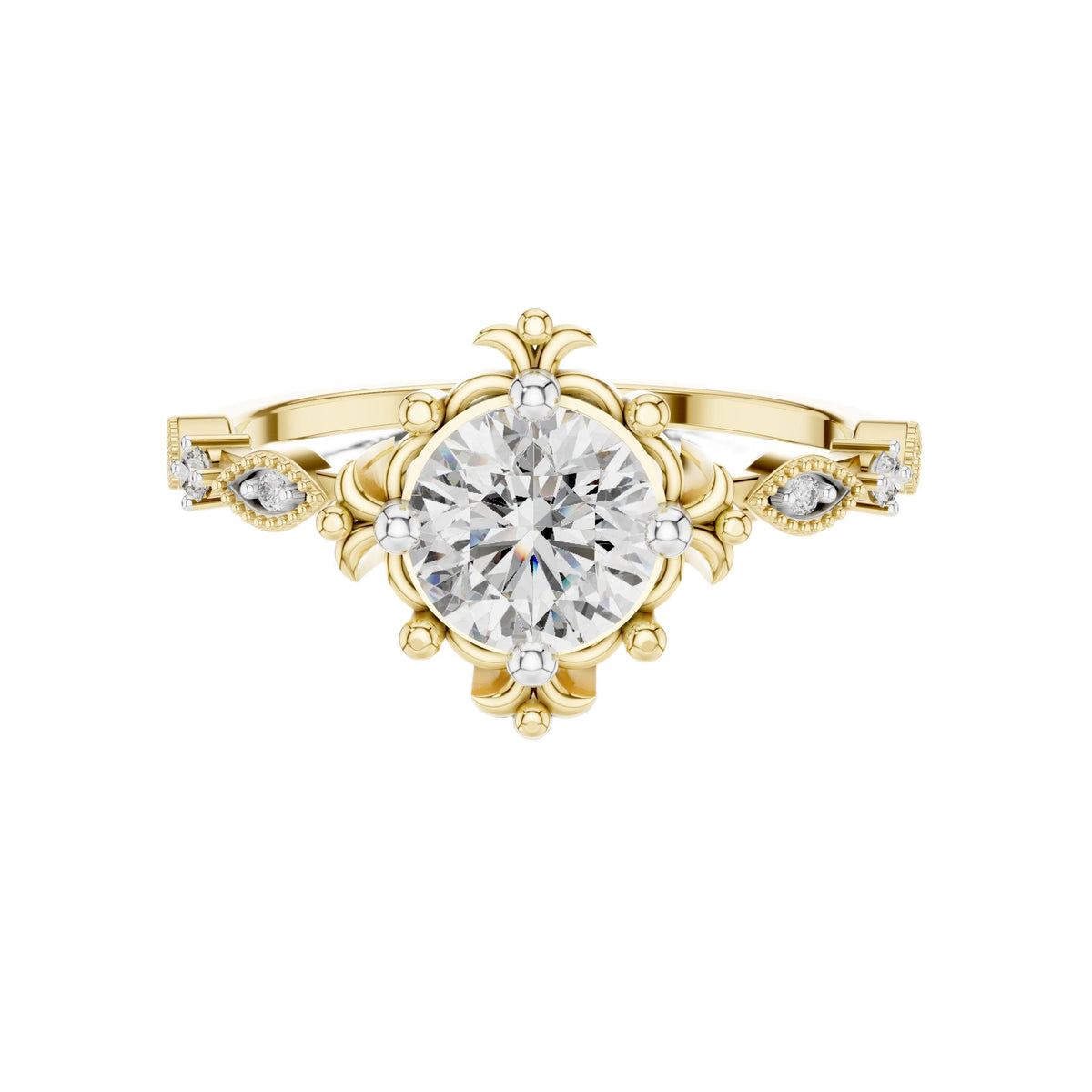 Yellow gold engagement ring with round center diamond and sculpted crown setting
