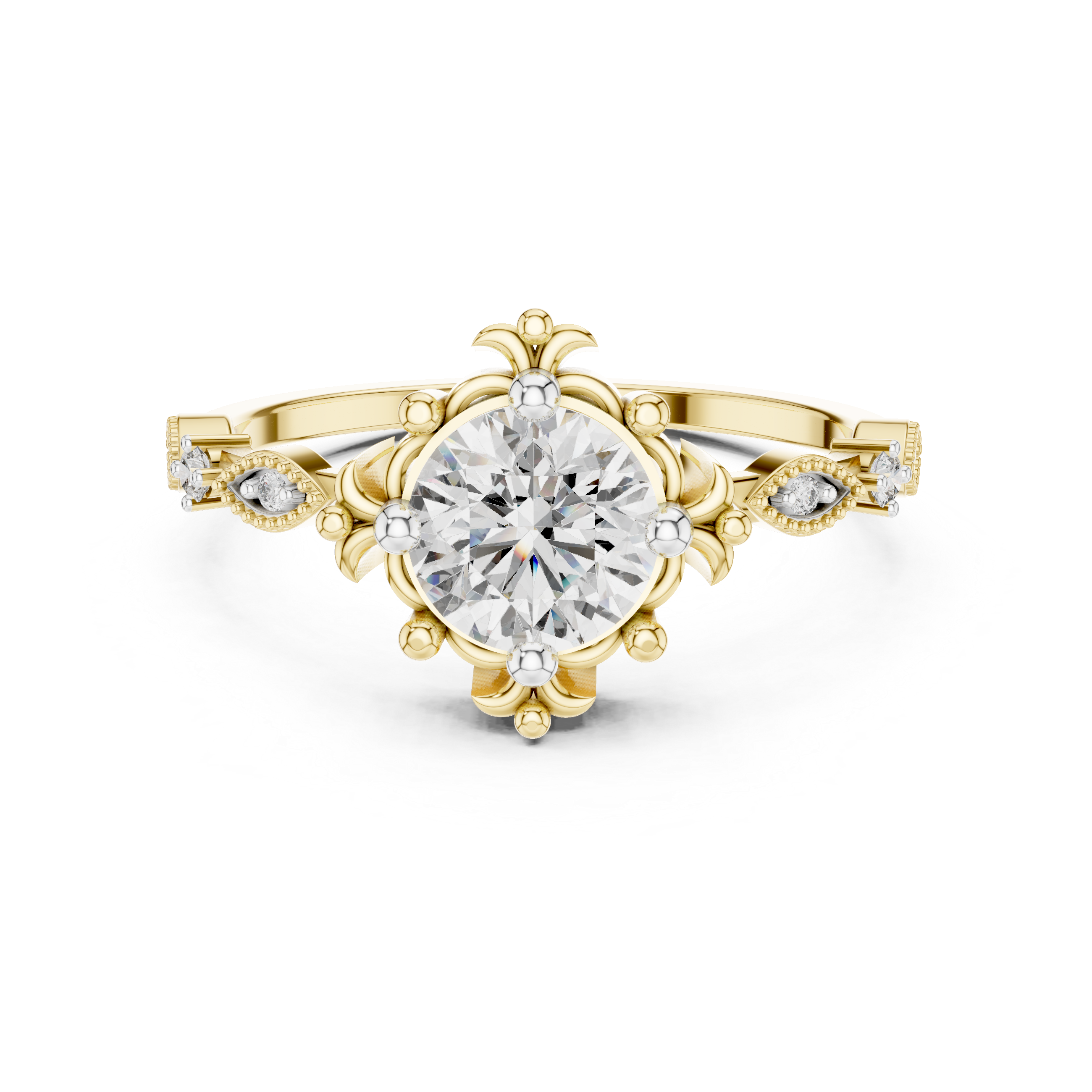Yellow gold engagement ring with round center diamond and sculpted crown setting