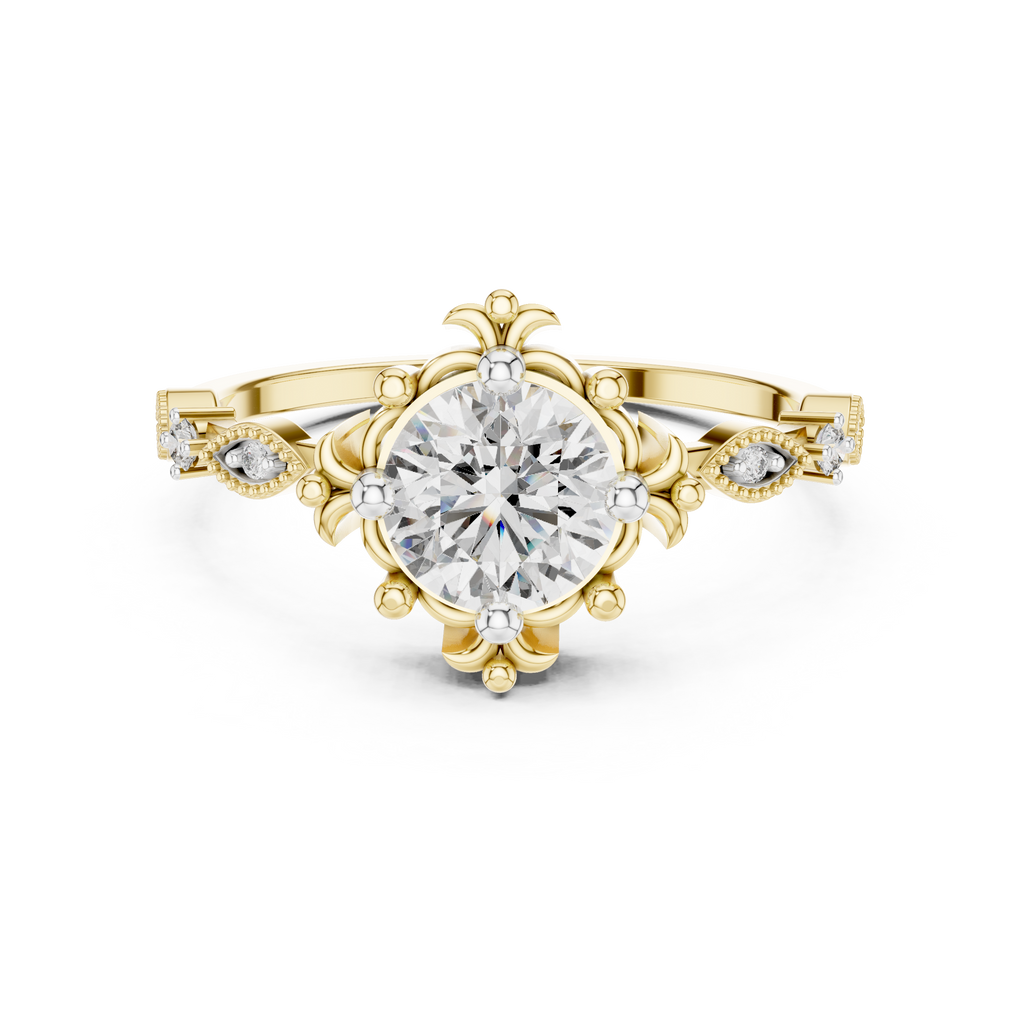 Yellow gold engagement ring with round center diamond and sculpted crown setting