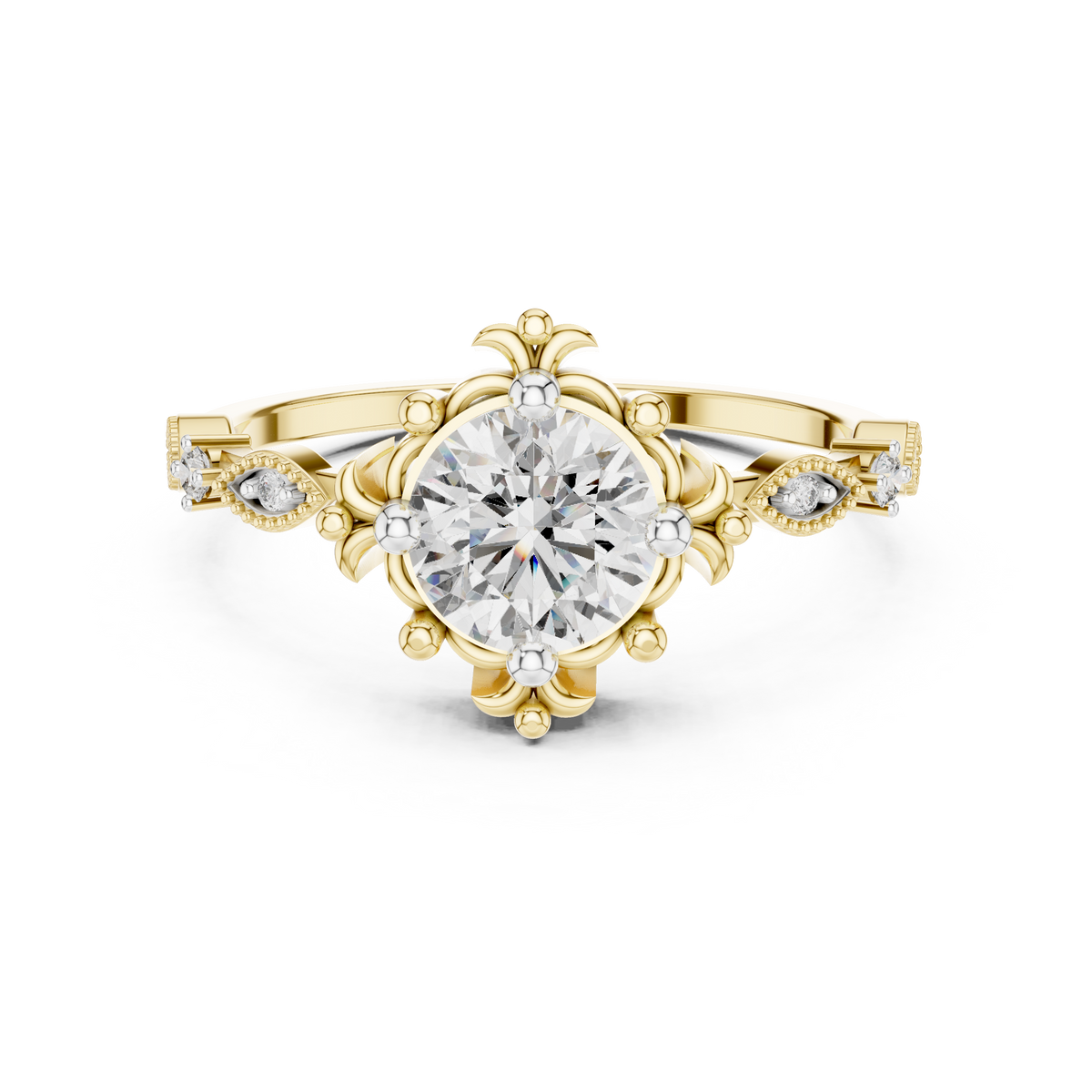 Yellow gold engagement ring with round center diamond and sculpted crown setting