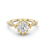 Yellow gold round diamond engagement ring with lotus crown halo and side baguette stones