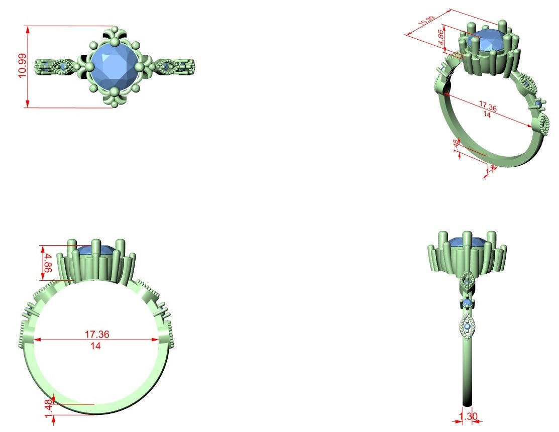 CAD ring diagram with green stone placeholder and measurement callouts