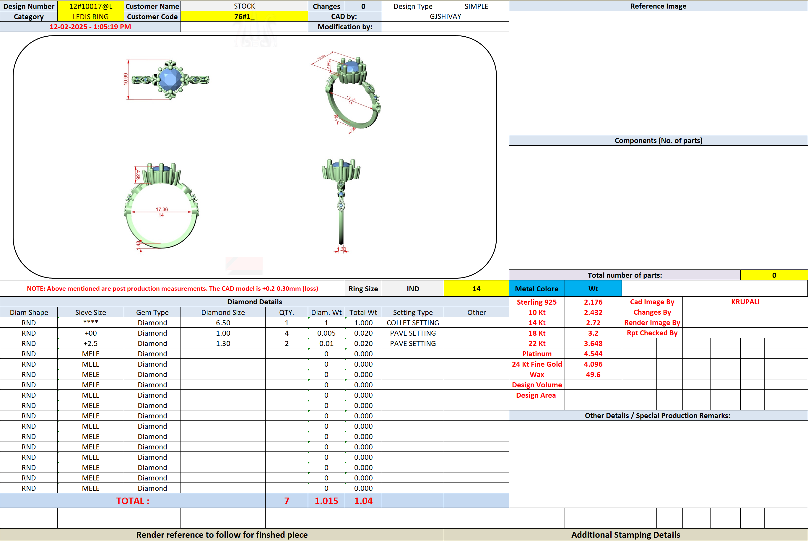 Jewelry design software screen showing ring views and component parts list