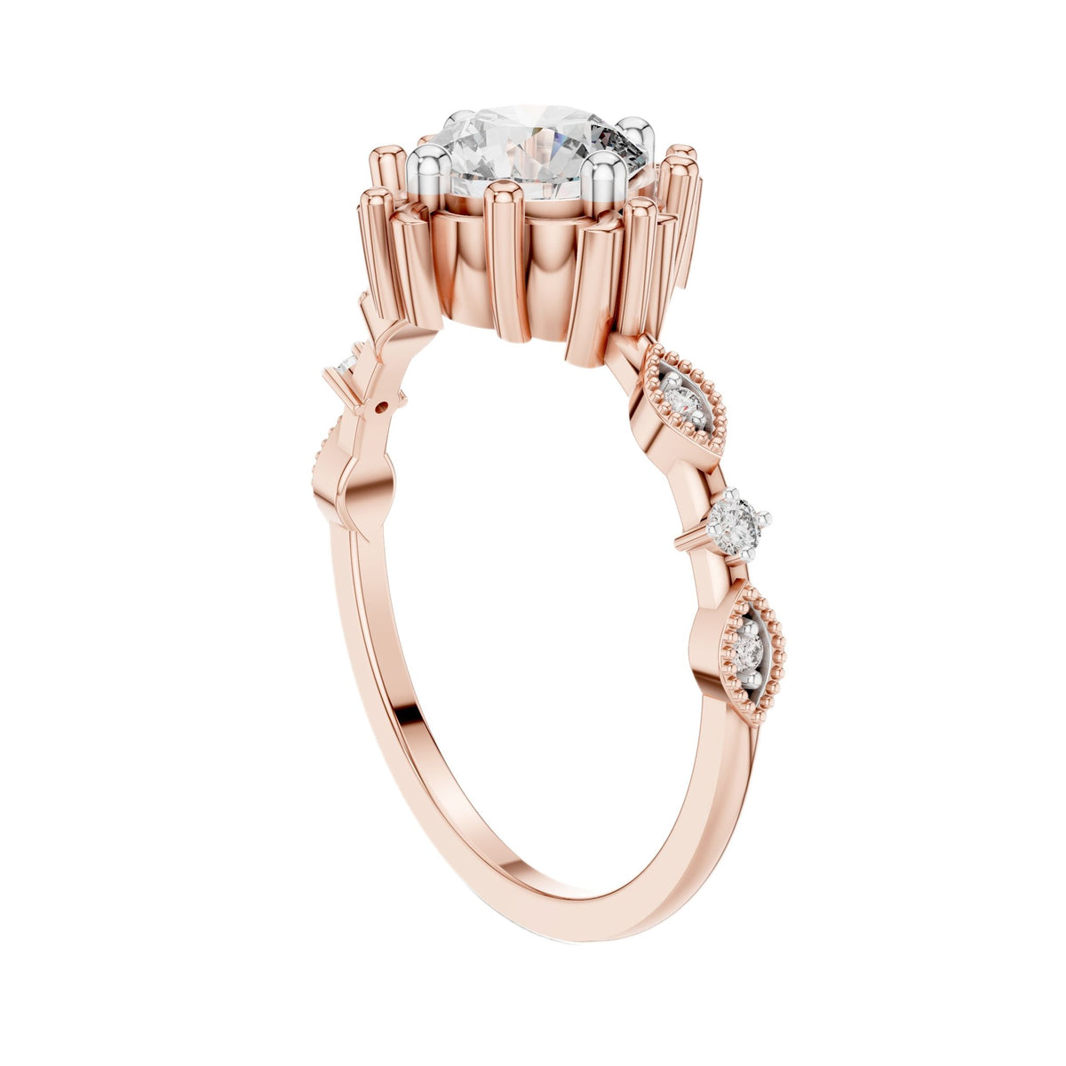 Rose gold engagement ring side view with round diamonds on the split shank
