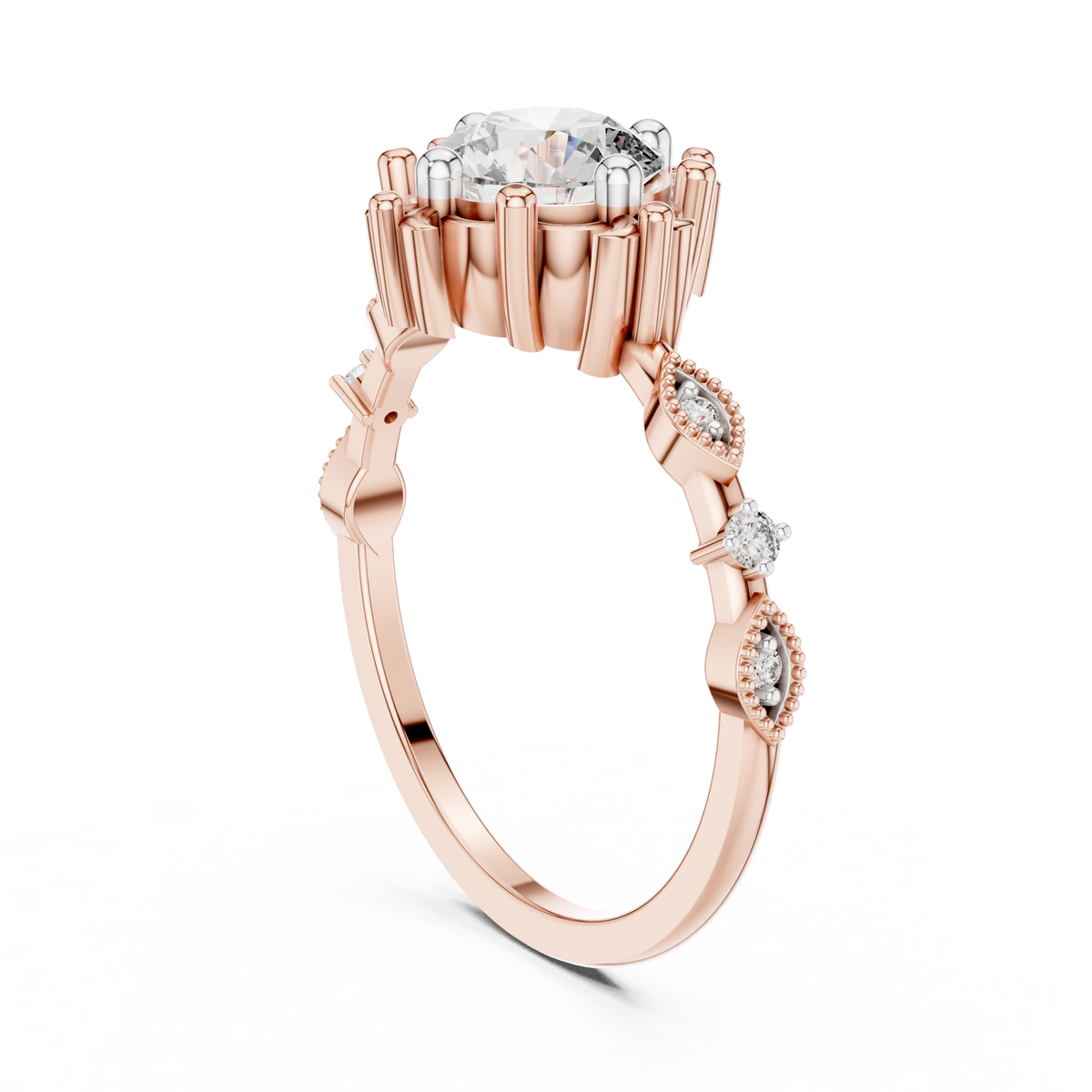 Rose gold engagement ring side view with round diamonds on the split shank