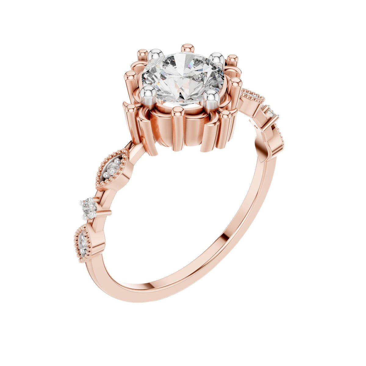Rose gold engagement ring with round center diamond and pavé side accents