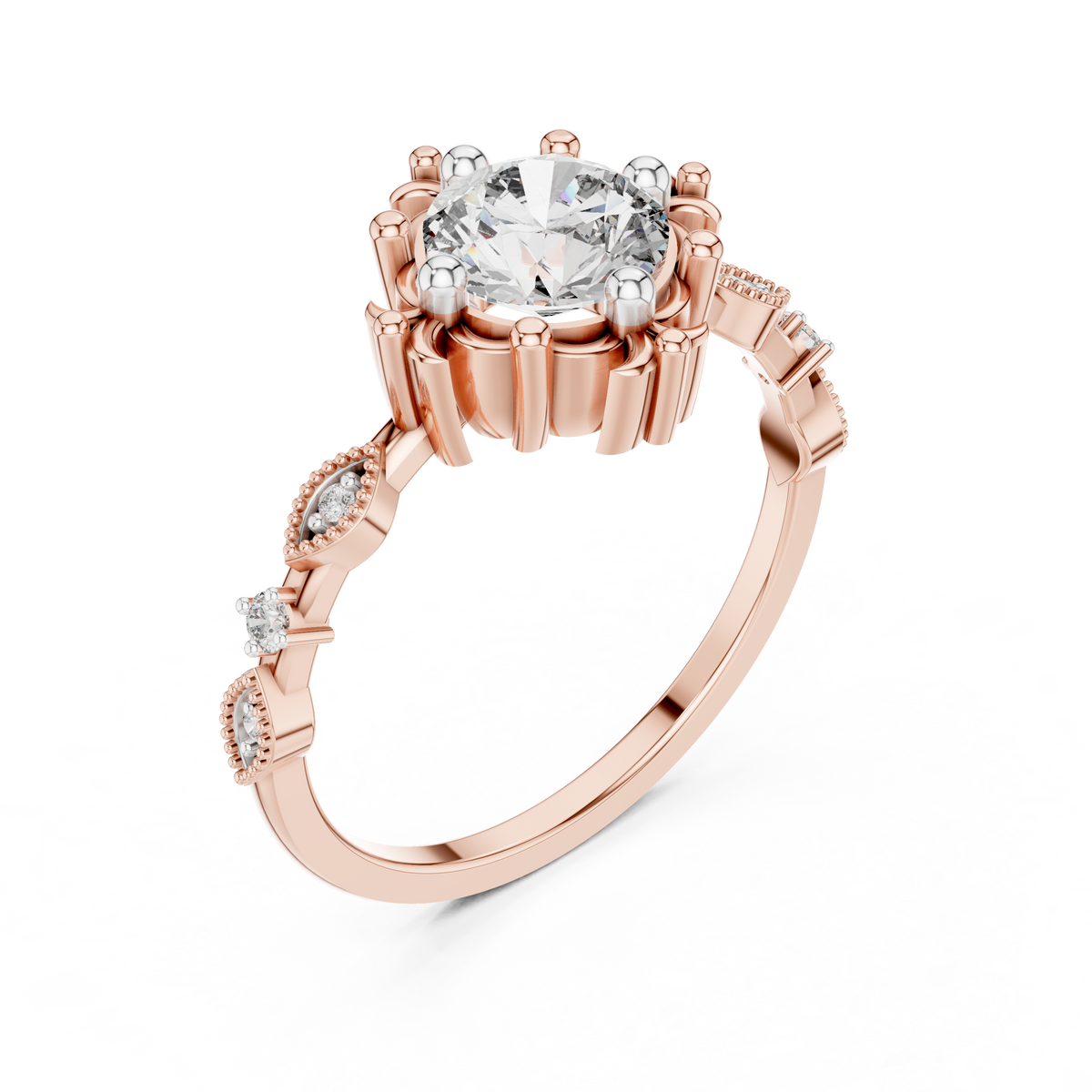 Rose gold engagement ring with round center diamond and pavé side accents
