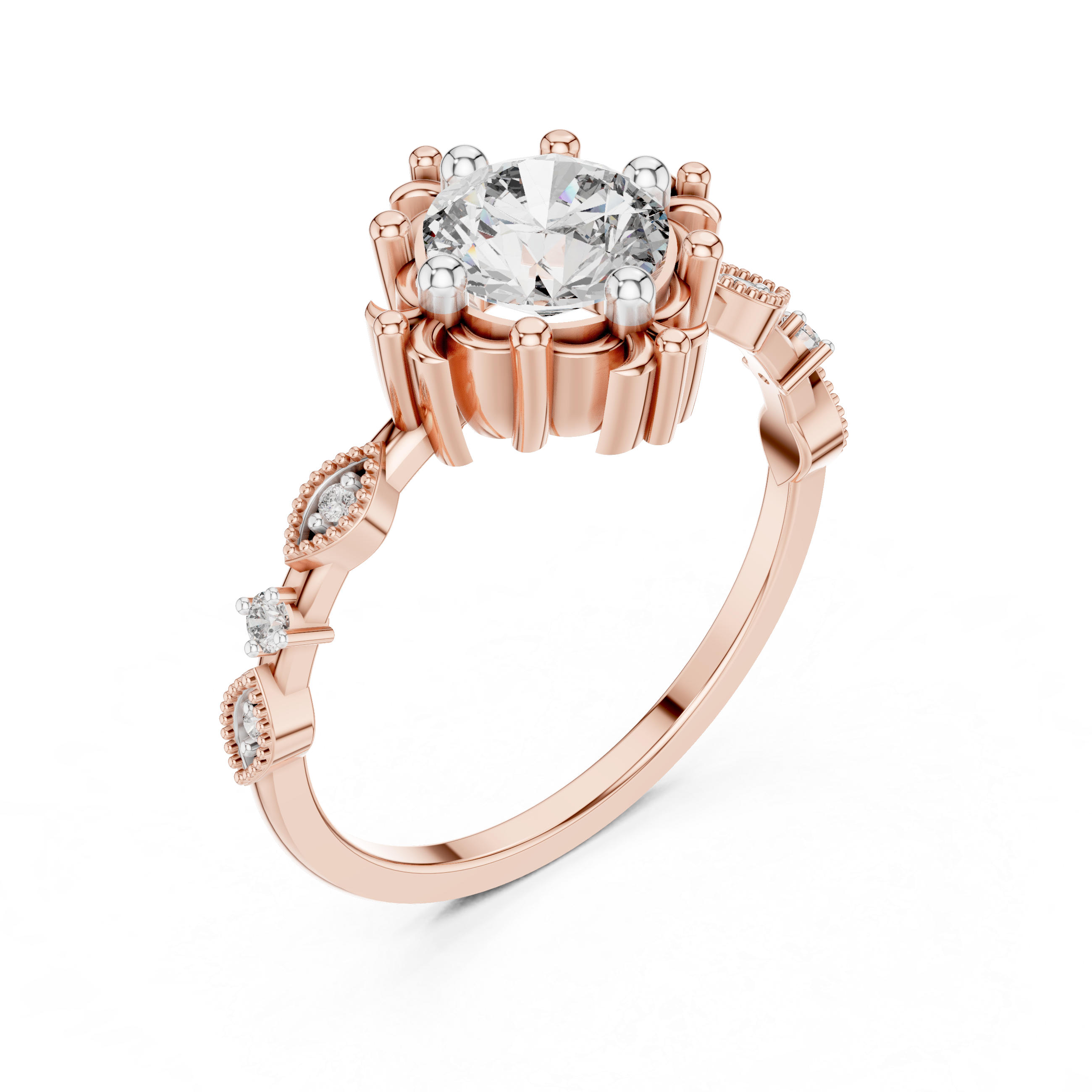 Rose gold engagement ring with round center diamond and pavé side accents