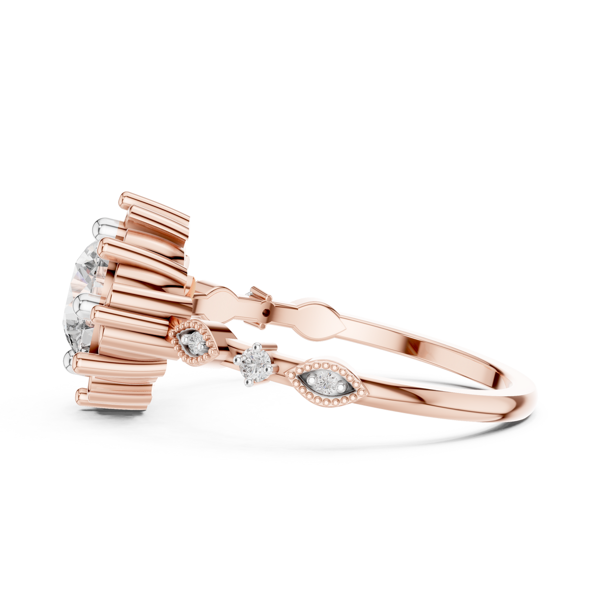 Rose gold engagement ring side view with round diamonds along the split shank