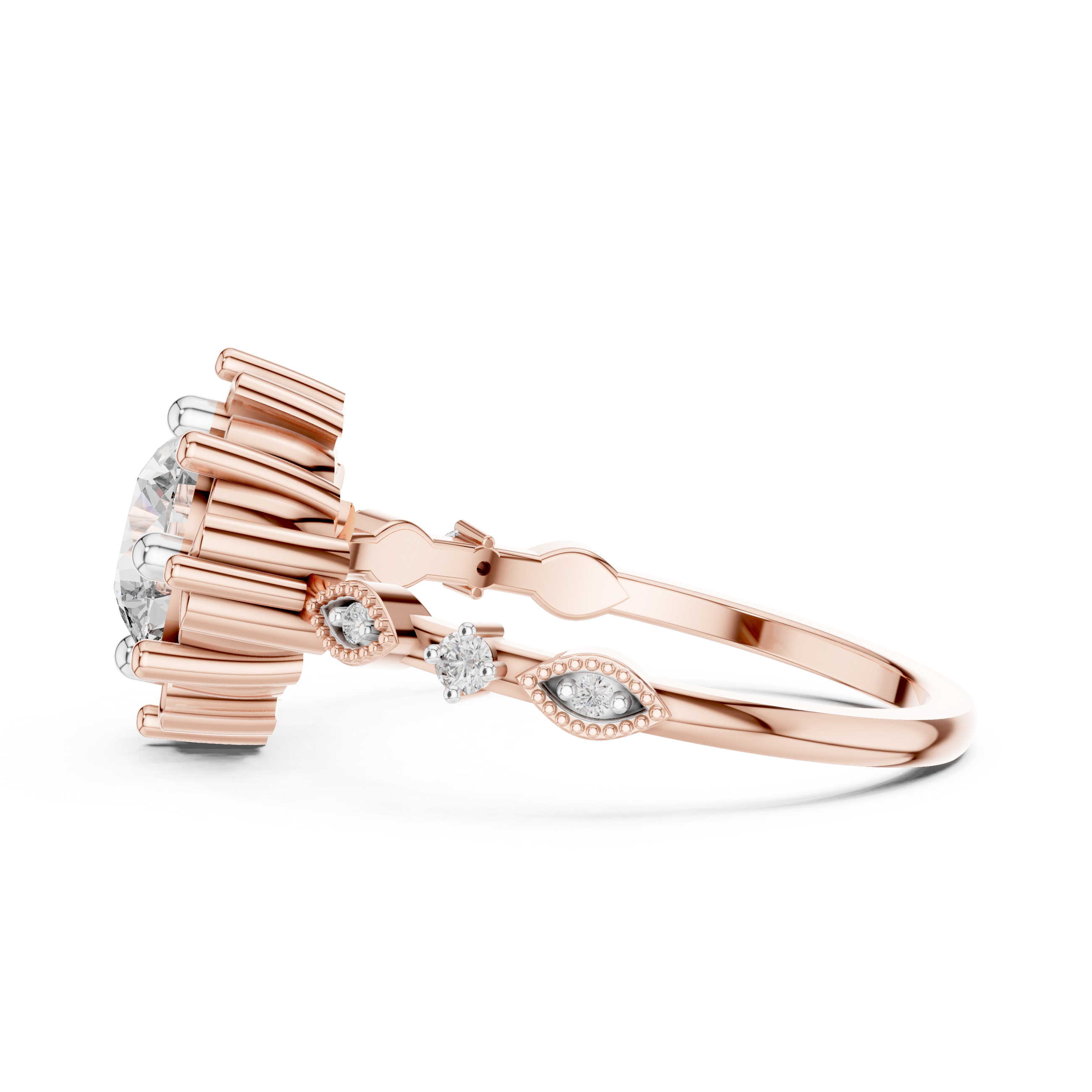 Rose gold engagement ring side view with round diamonds along the split shank