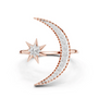 Rose gold crescent moon diamond ring with starburst center and round stone accents