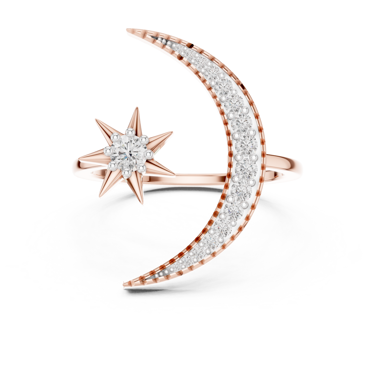 Rose gold crescent moon and star diamond ring with pavé surround and center stone