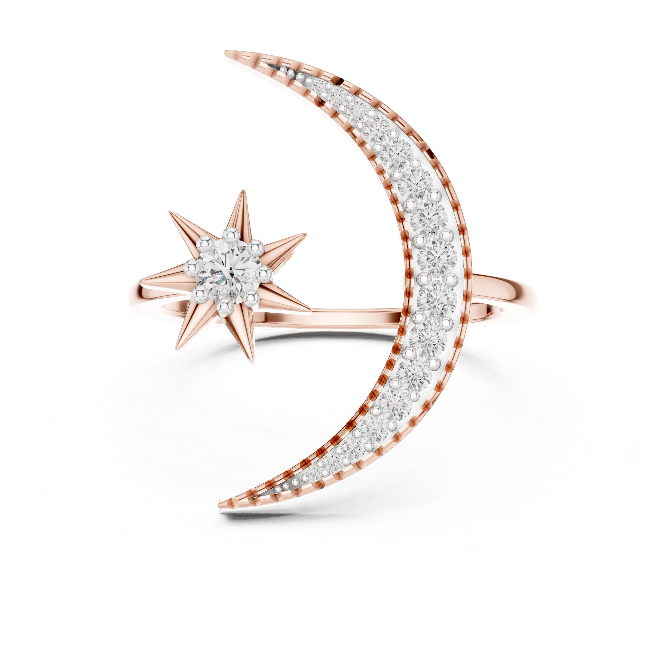 Rose gold crescent moon and star diamond ring with pavé surround and center stone