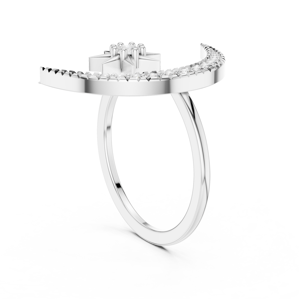 White gold crescent moon and star diamond ring with pavé band, open center view