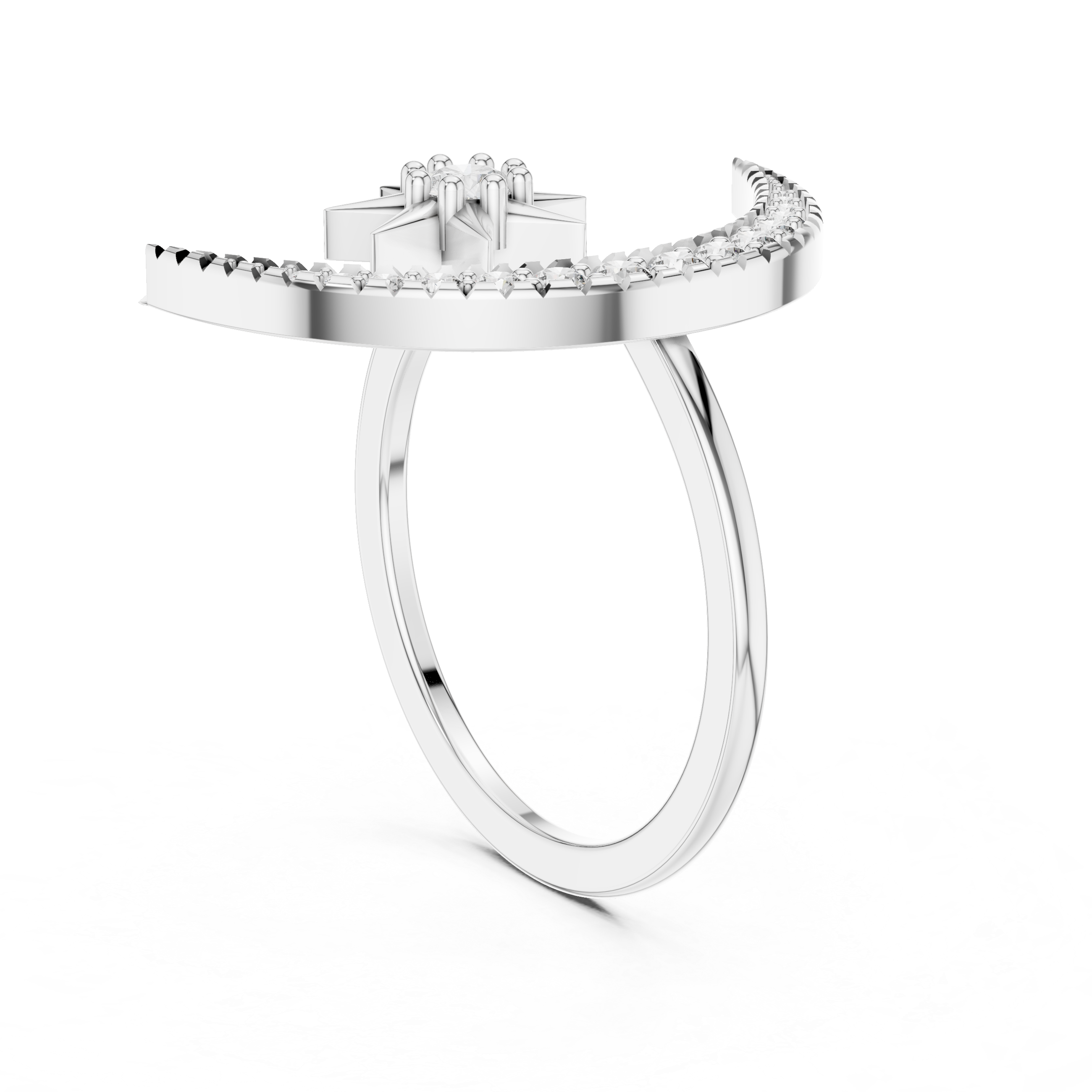 White gold crescent moon and star diamond ring with pavé band, open center view