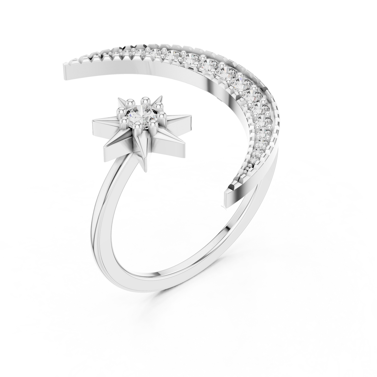 White gold crescent moon and star diamond ring with pavé side band, front view