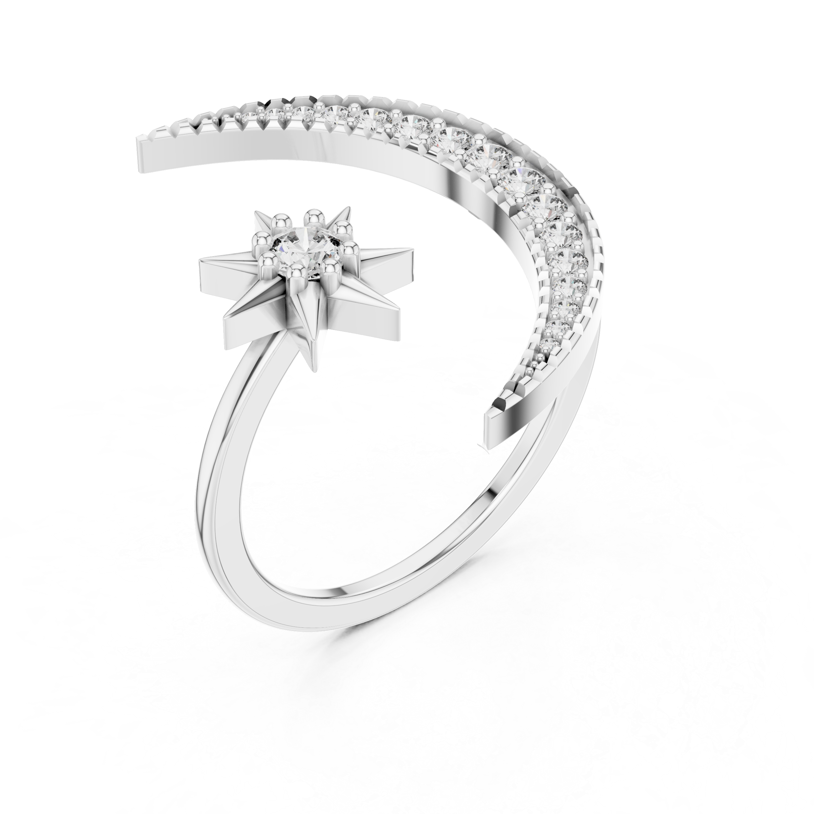 White gold crescent moon and star diamond ring with pavé side band, front view