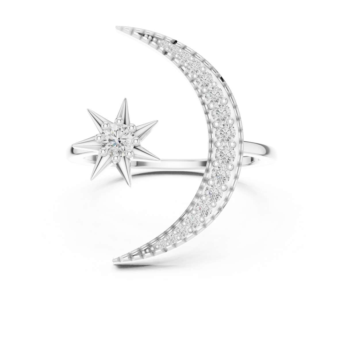 White gold crescent moon and star diamond ring with pavé surround and center stone