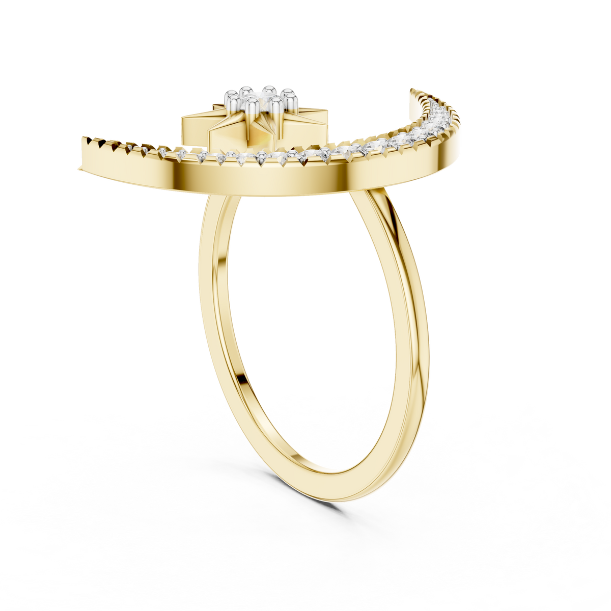 Yellow gold crescent moon and star diamond ring with pavé band, open center view