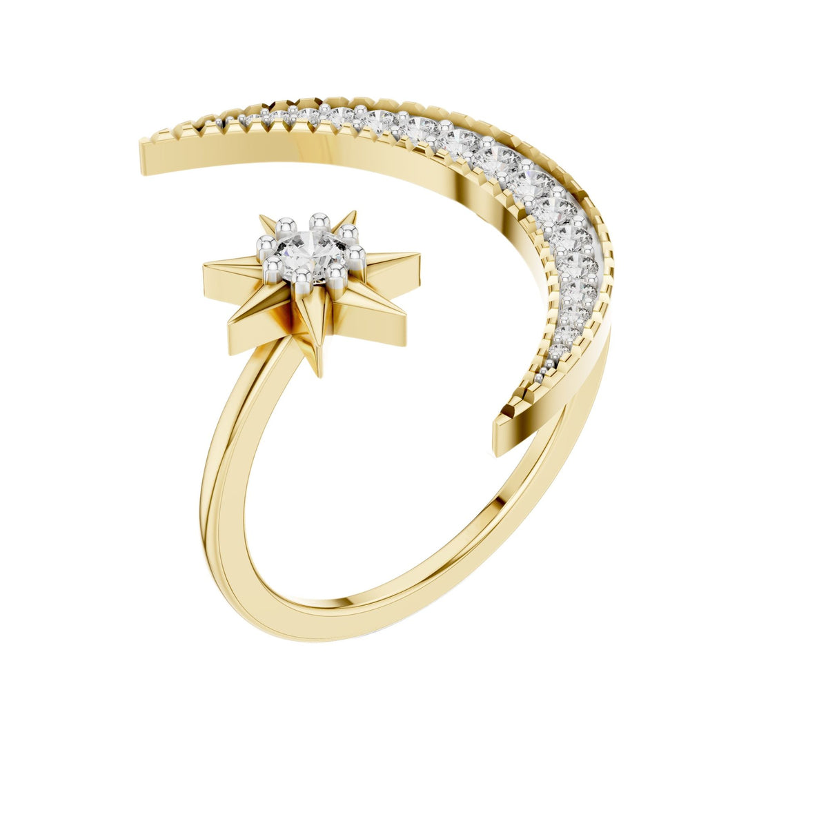 Yellow gold crescent moon and star diamond ring with pavé side band, front view