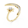 Yellow gold crescent moon and star diamond ring with pavé side band, front view