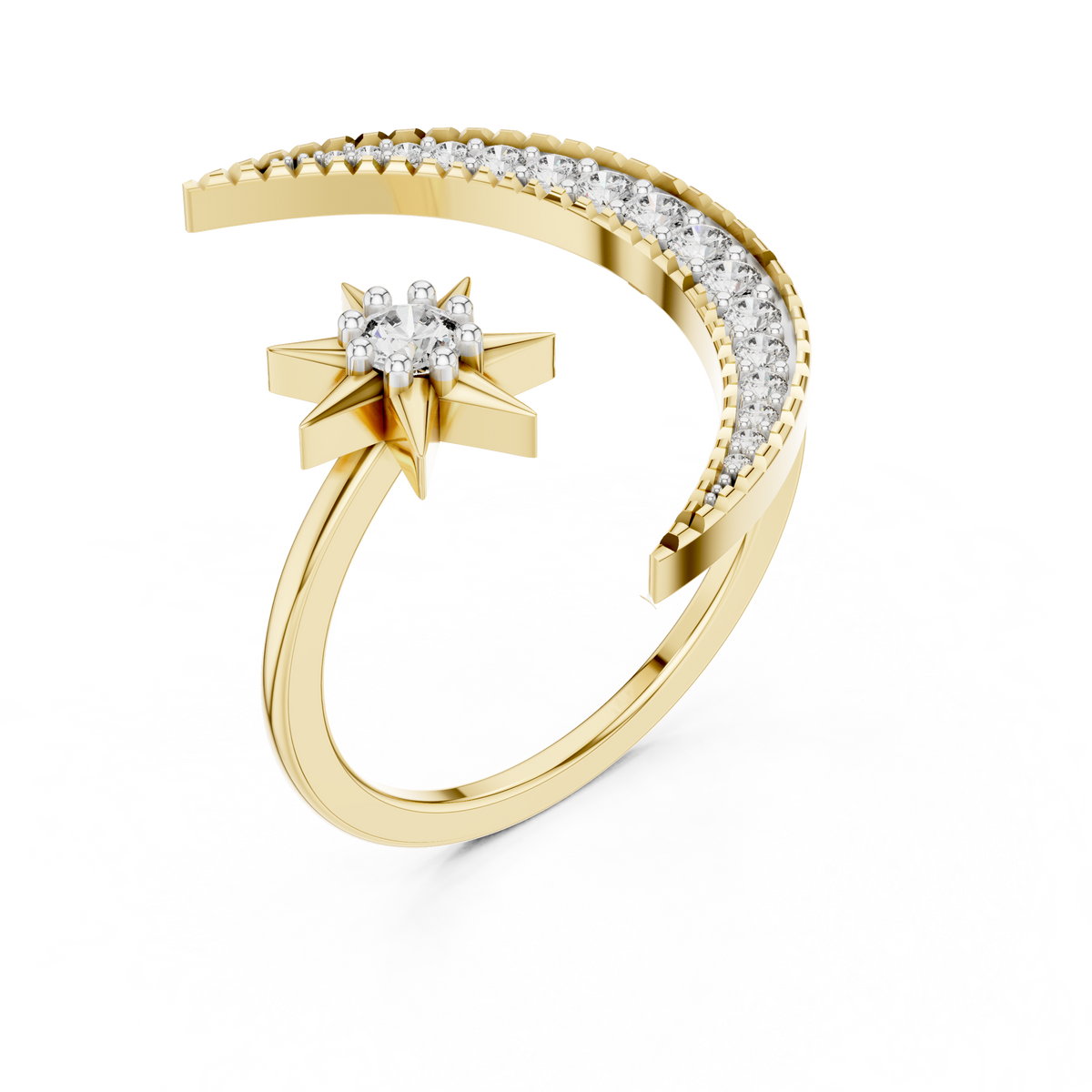 Yellow gold crescent moon and star diamond ring with pavé side band, front view