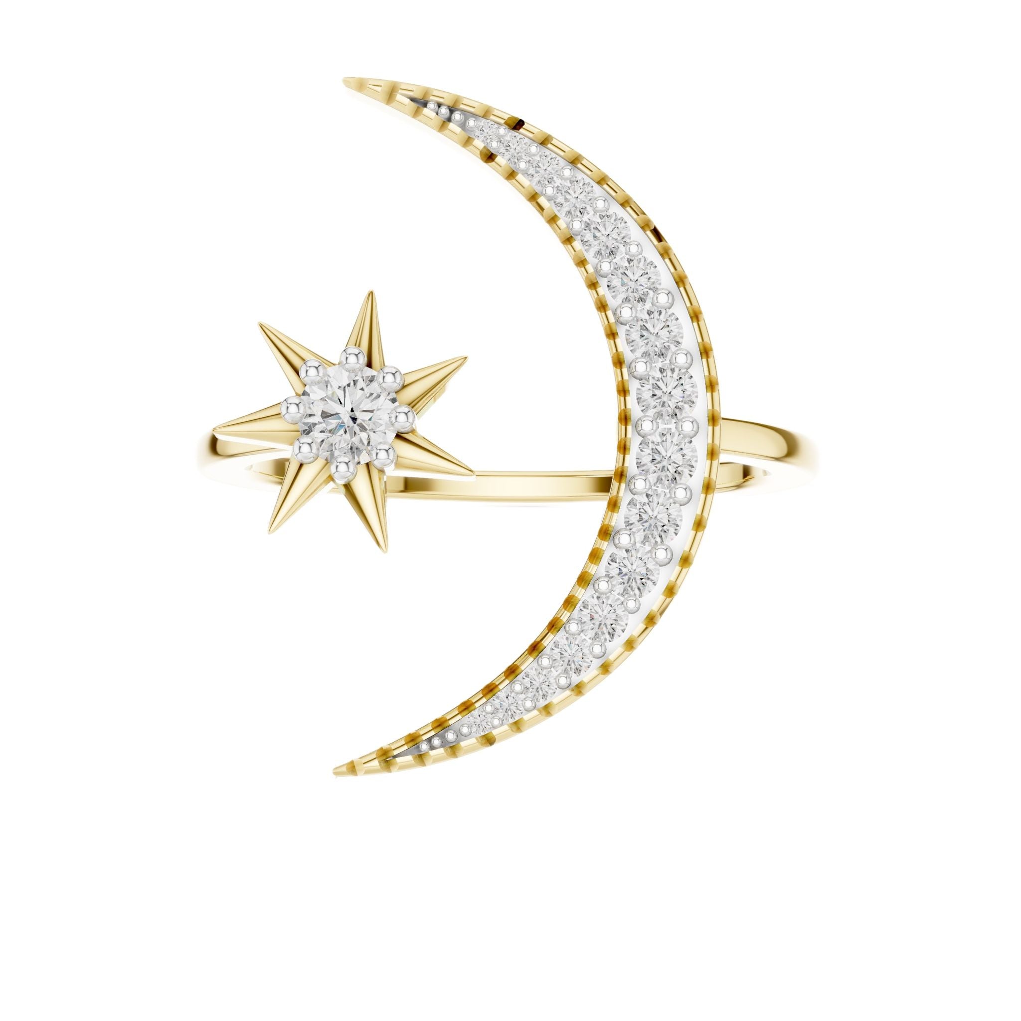Yellow gold diamond moon ring with star centerpiece and curved bezel details