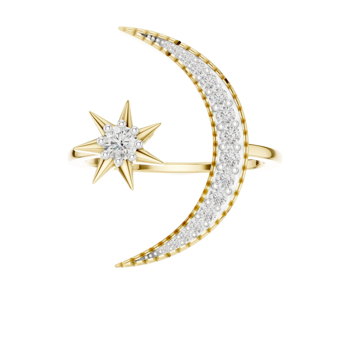 Yellow gold diamond moon ring with star centerpiece and curved bezel details