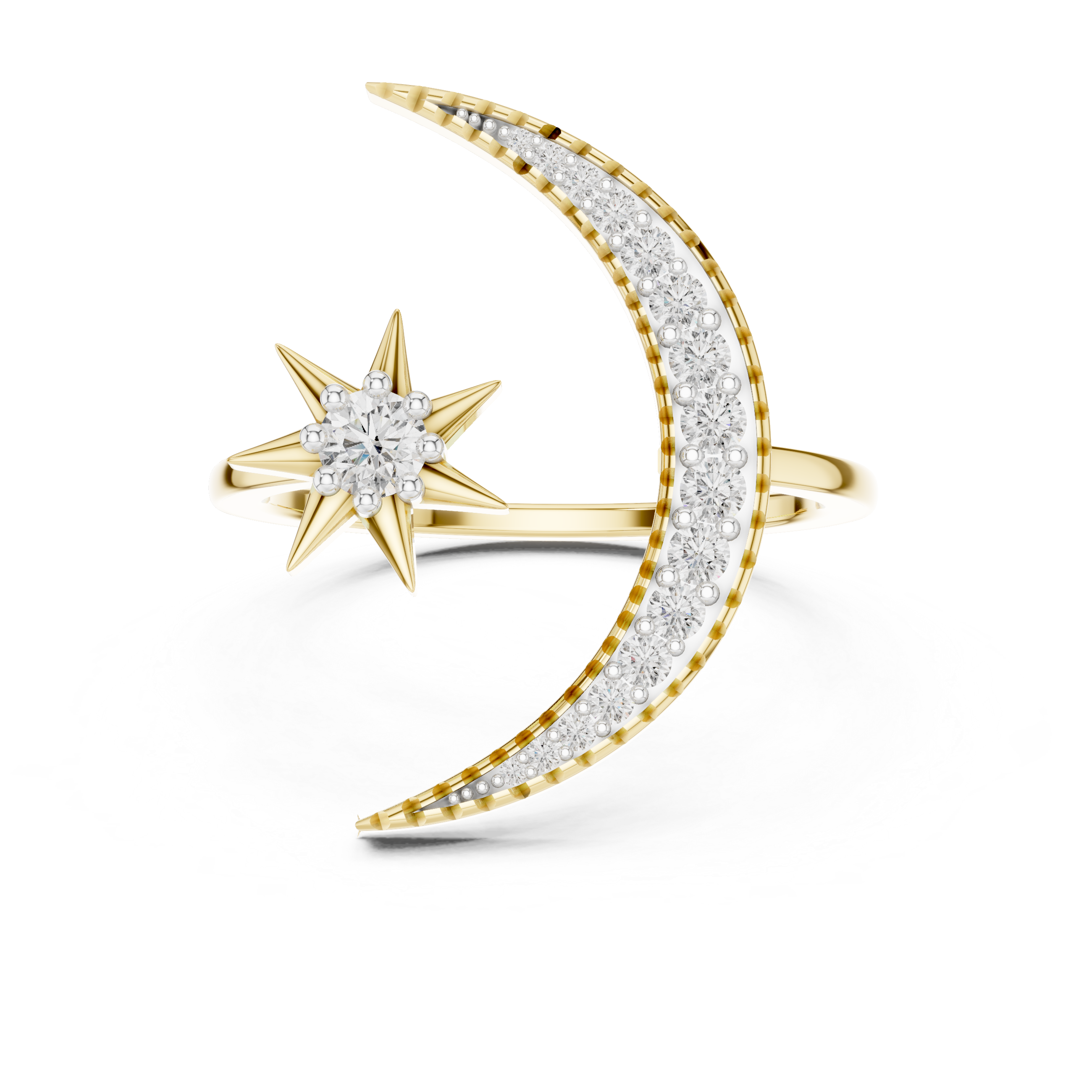 Yellow gold diamond moon ring with star centerpiece and curved bezel details