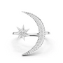 White gold crescent moon diamond ring with starburst center and round stone accents