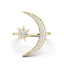 Yellow gold crescent moon diamond ring with starburst center and round stone accents