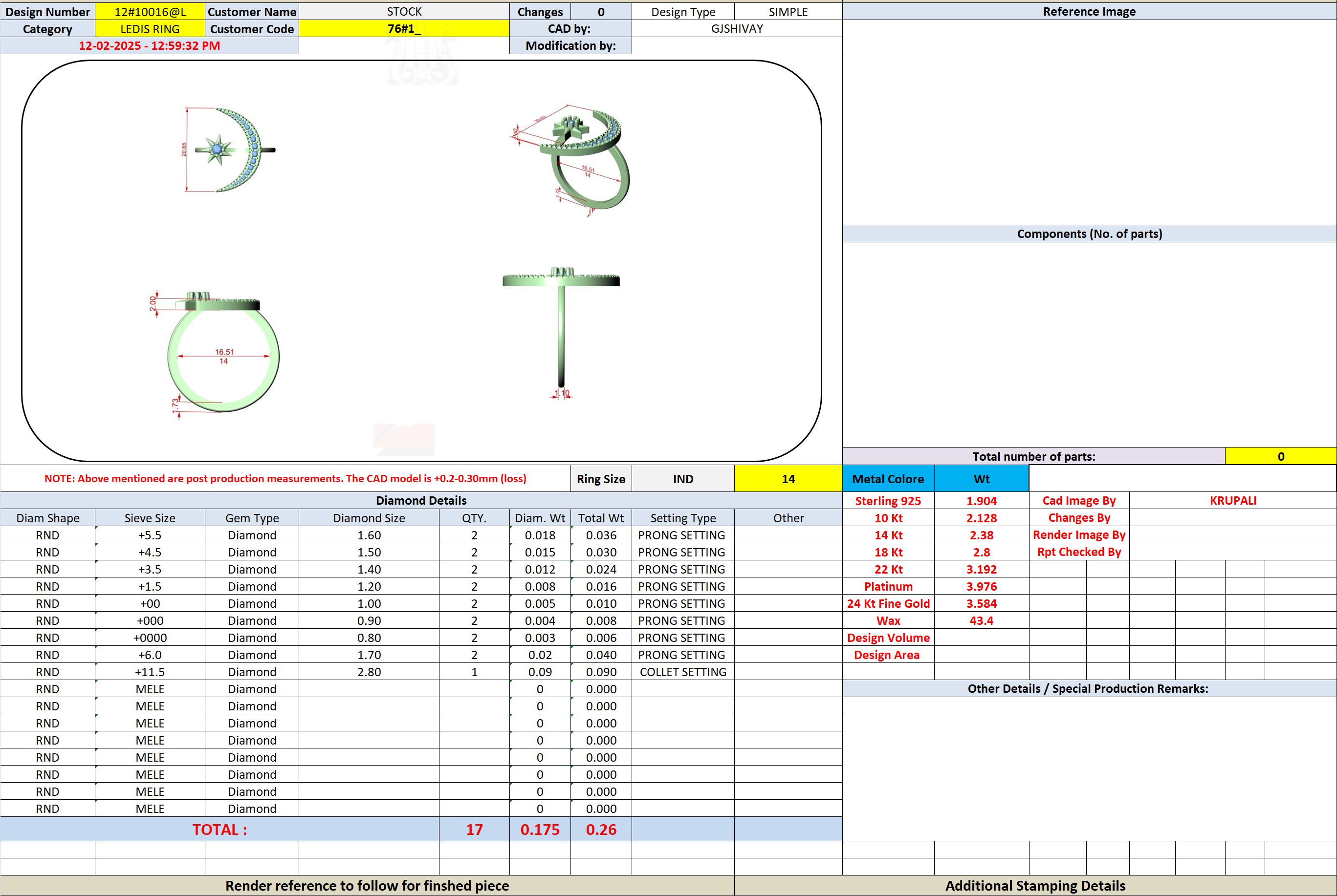 Diamond ring CAD sheet showing multiple views and component details
