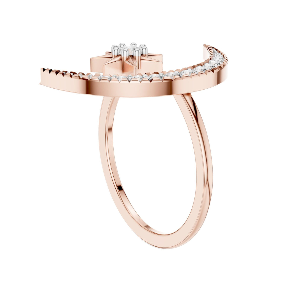 Rose gold crescent moon and star diamond ring with pavé band, open center view