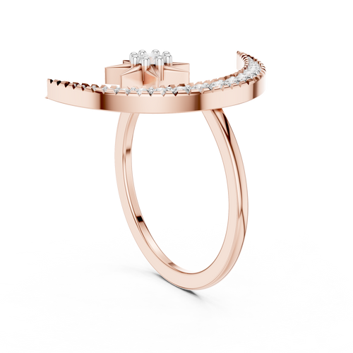 Rose gold crescent moon and star diamond ring with pavé band, open center view