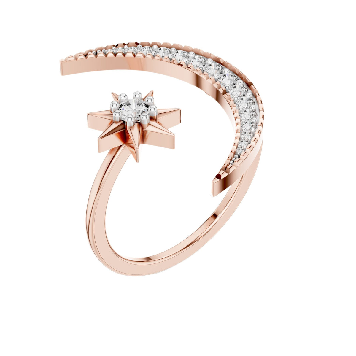 Rose gold crescent moon and star diamond ring with pavé side band, front view