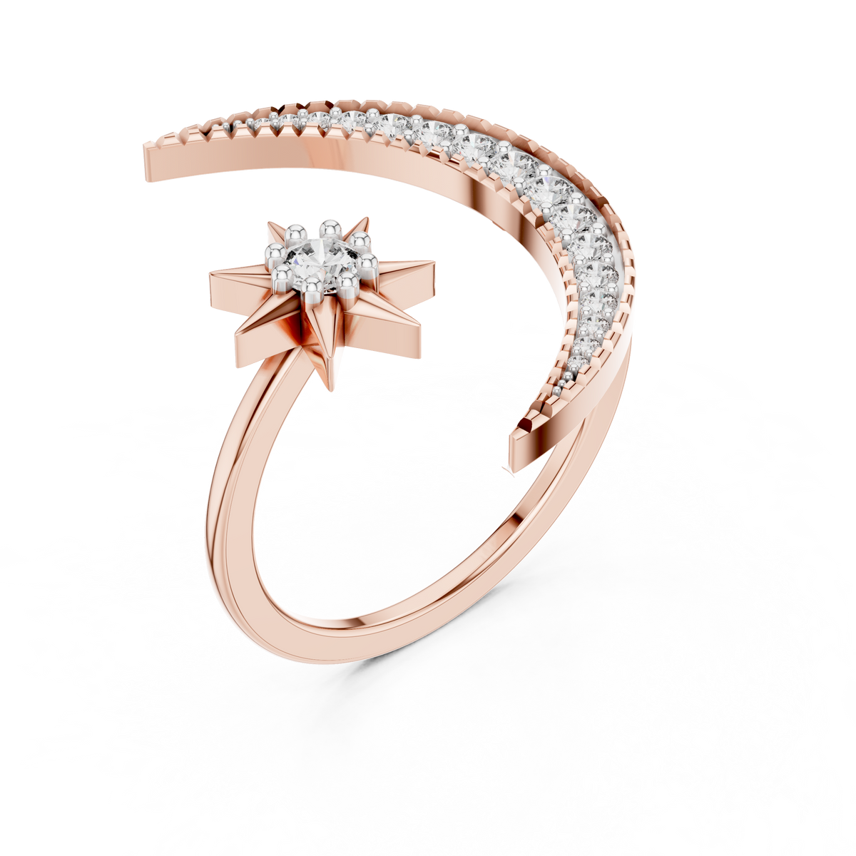 Rose gold crescent moon and star diamond ring with pavé side band, front view