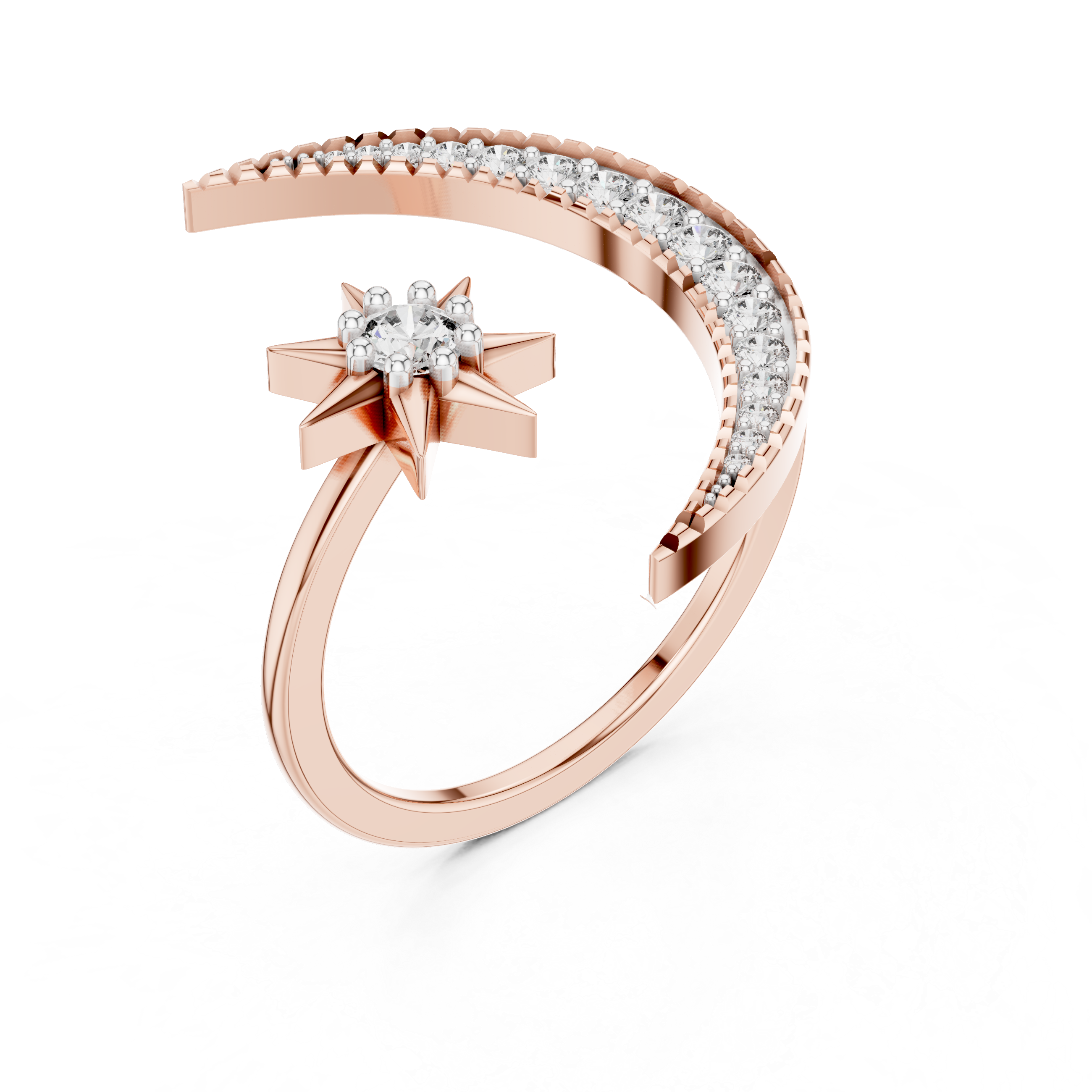 Rose gold crescent moon and star diamond ring with pavé side band, front view