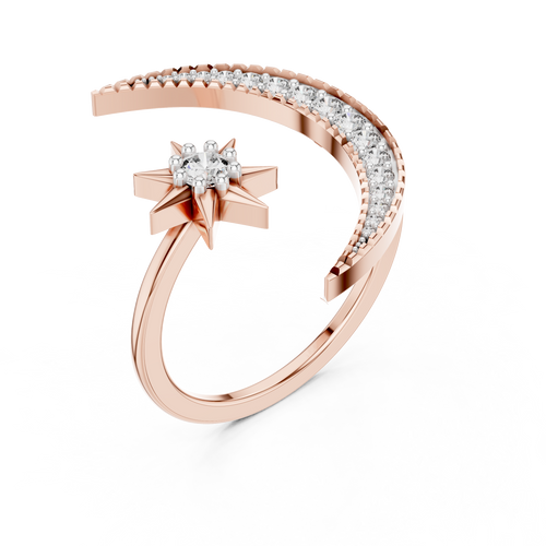 Rose gold crescent moon and star diamond ring with pavé side band, front view