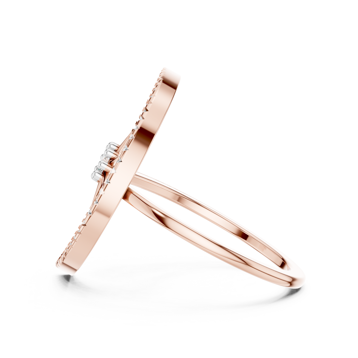 Rose gold star and crescent diamond ring with pavé detailing, side profile