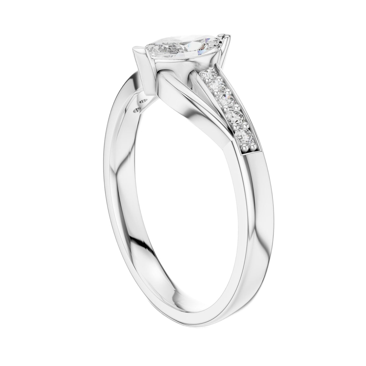 White gold marquise sapphire engagement ring with pavé band, side profile